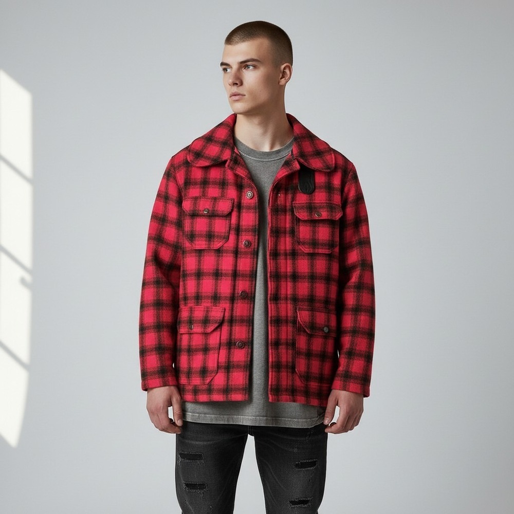 Vintage 70s Woolrich 44‎ Wool Blend Mackinaw Red Buffalo Plaid Jacket Gorpcore